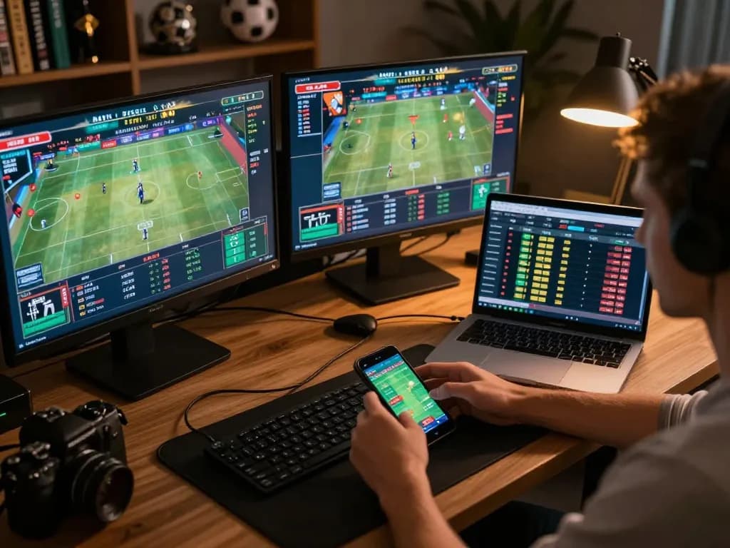 Engaged user placing live bets on F8BET with multiple screens showing sports events and odds.