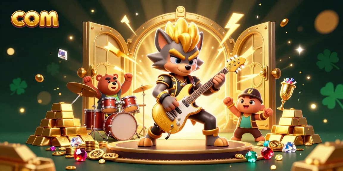 Experience thrilling slots with com's vibrant 3D casino scene featuring a rock star wolf and rich game elements.