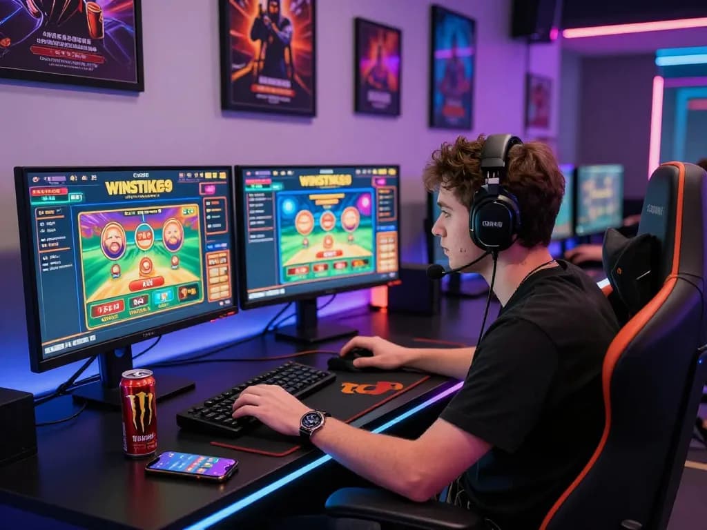 Engaging online gaming setup featuring a player focused on winstrike69 betting platform in a vibrant atmosphere.