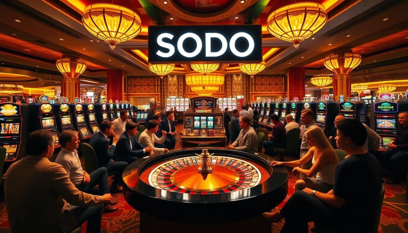 SODO casino table bustling with players engaged in exciting gambling action.