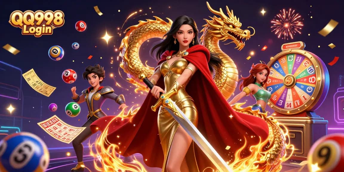 Experience thrilling gameplay with QQ998 Login, showcasing dynamic gaming elements and a striking queen warrior.