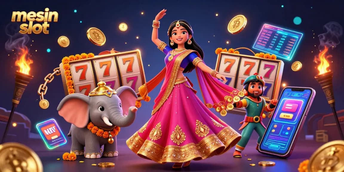 Spin the mesin slot to win big, featuring vibrant characters and slot game elements.
