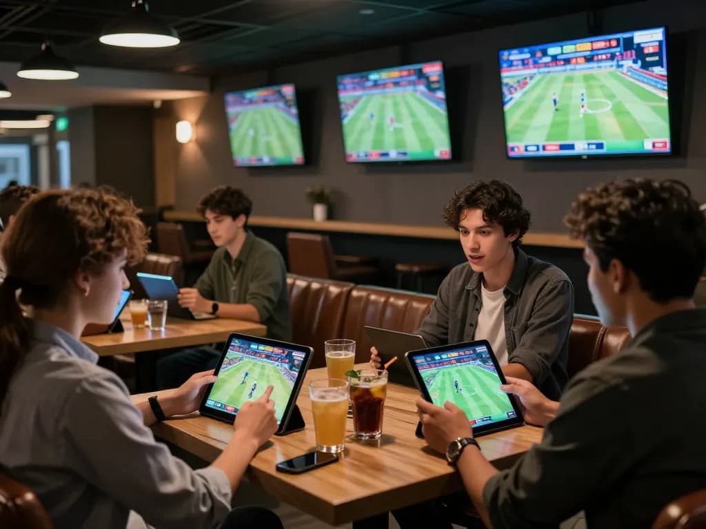Enthusiastic bettors engaging in live sports betting activities at Bsport's modern lounge, utilizing mobile apps for real-time wagering.