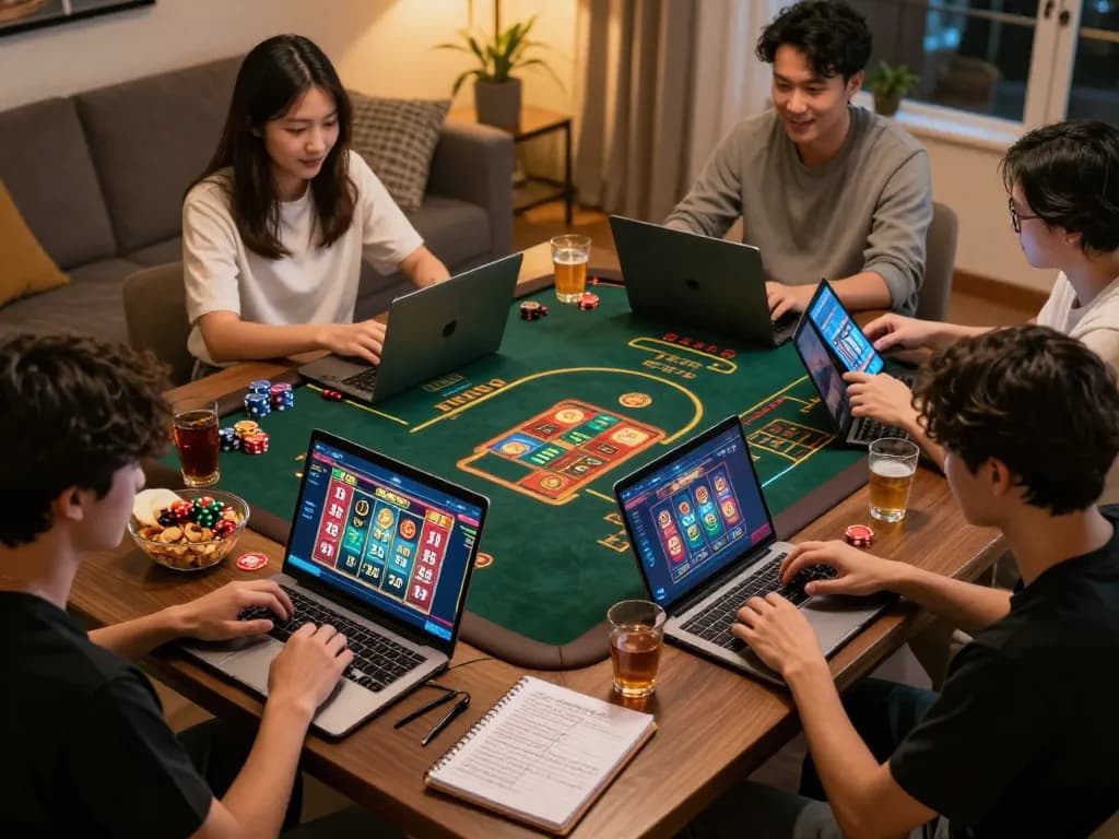 A player engaging with rik vip on a laptop while surrounded by gaming strategy notes and snacks, showcasing an inviting online gambling atmosphere.