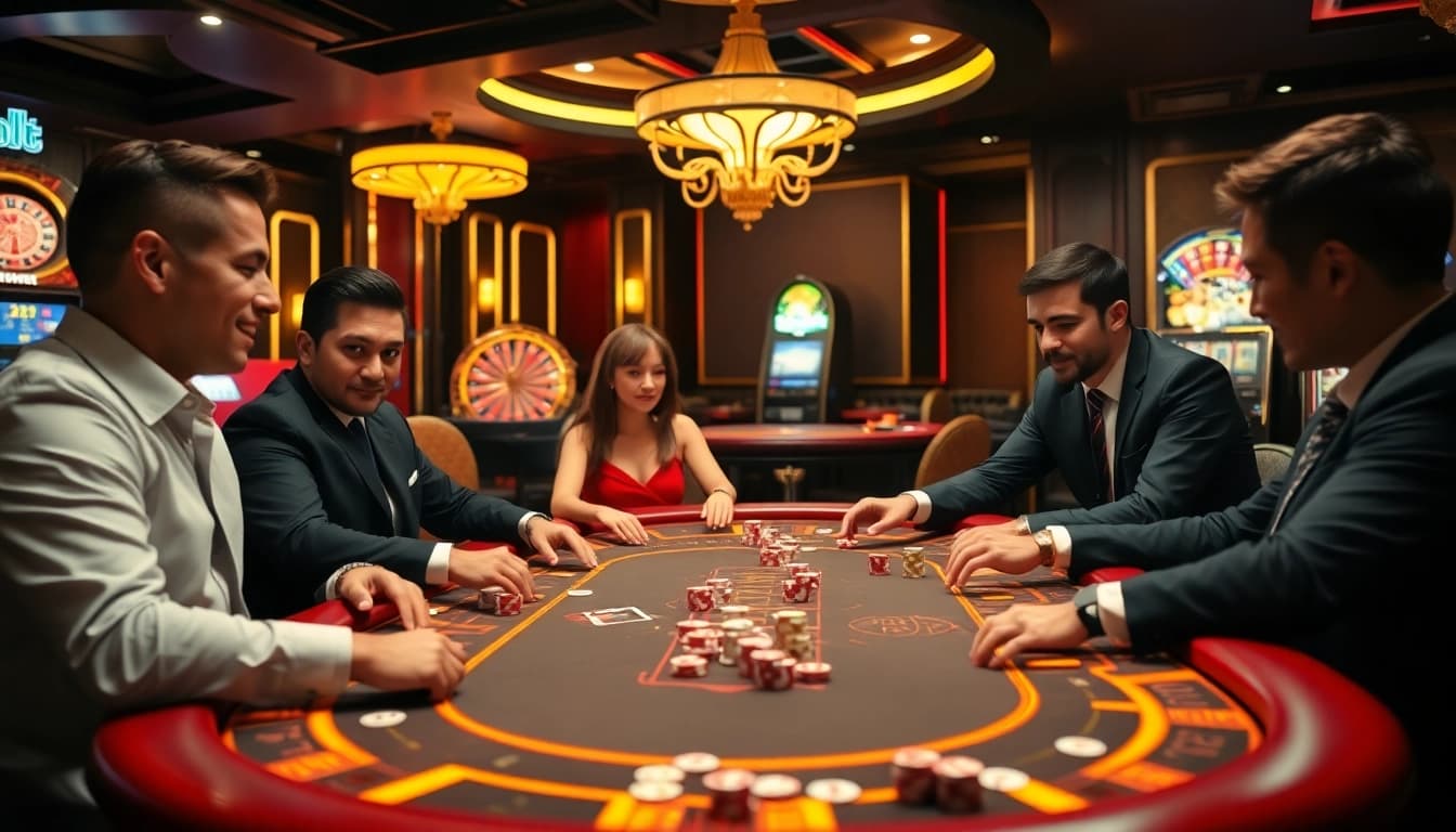 Players enjoying a high-stakes game at the luxurious S8 casino, filled with excitement and vibrant decor.
