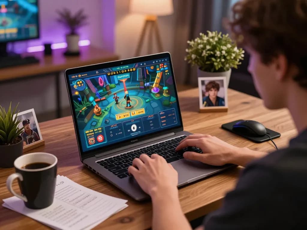 Pemain terlibat dengan antarmuka permainan dewi999 di laptop, dikelilingi catatan strategi dan kopi.