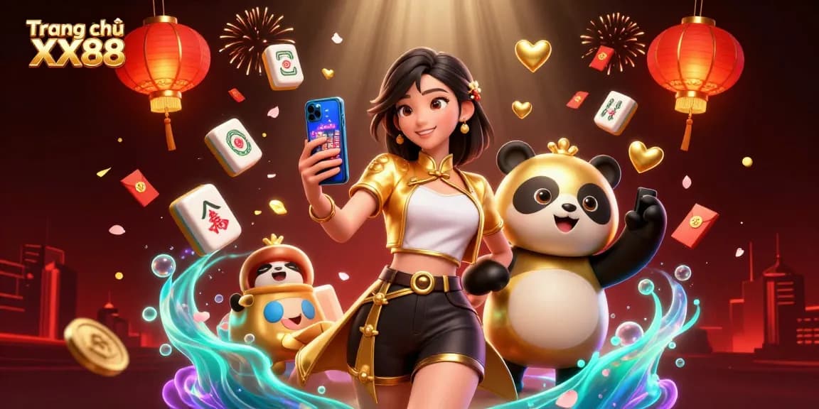 Experience excitement at Trang chủ XX88 with a vibrant 3D scene showing a woman playing casino games on her smartphone.