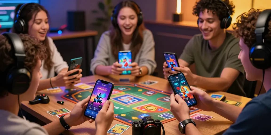 Players enjoying Zowin online card games on mobile devices in a vibrant setting.