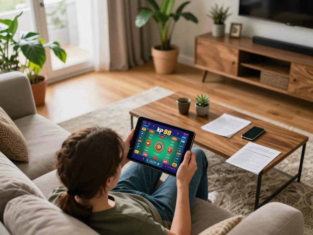Player engaging in a kp 88 online game on a tablet while relaxing at home, showcasing the modern gaming experience
