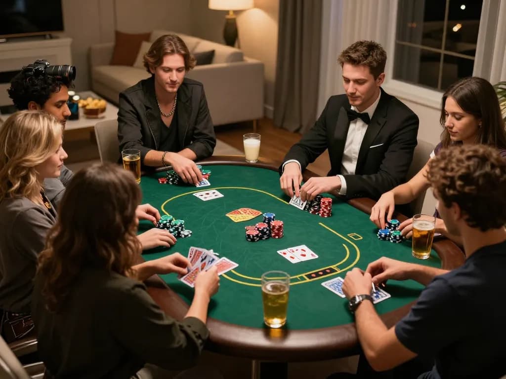 Friends enjoying a poker night at home with cm88-themed chips and warm ambiance.