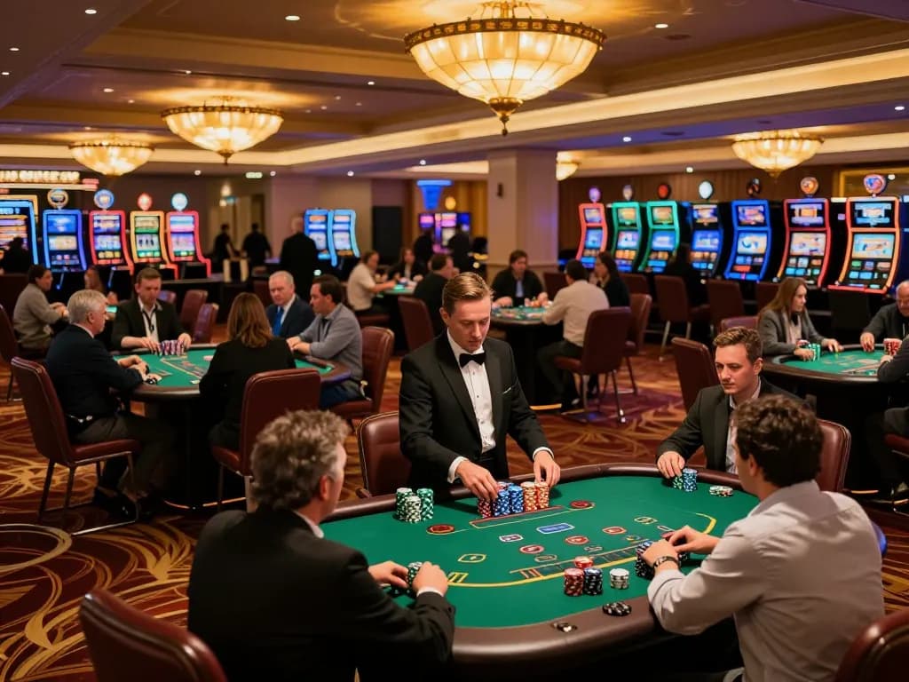 Pemain yang intensif merumuskan strategi di meja blackjack di kasino mewah selama jam malam yang menampilkan merek foya888.