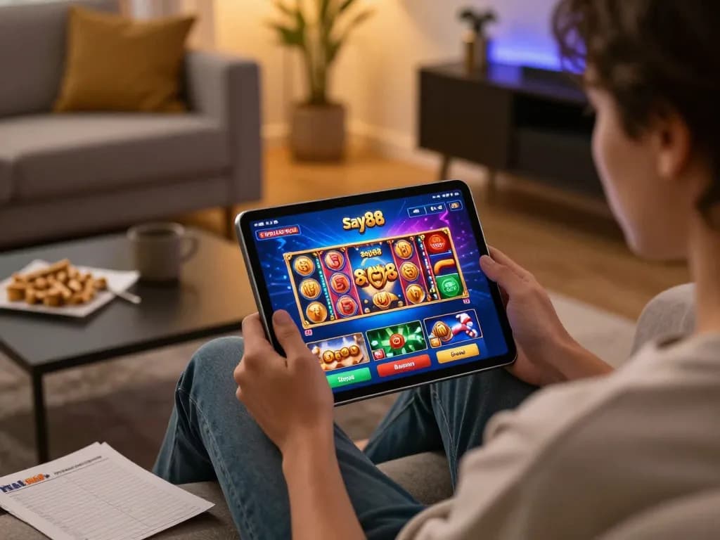 Engaging online gaming experience with say88 app on tablet in cozy home setting