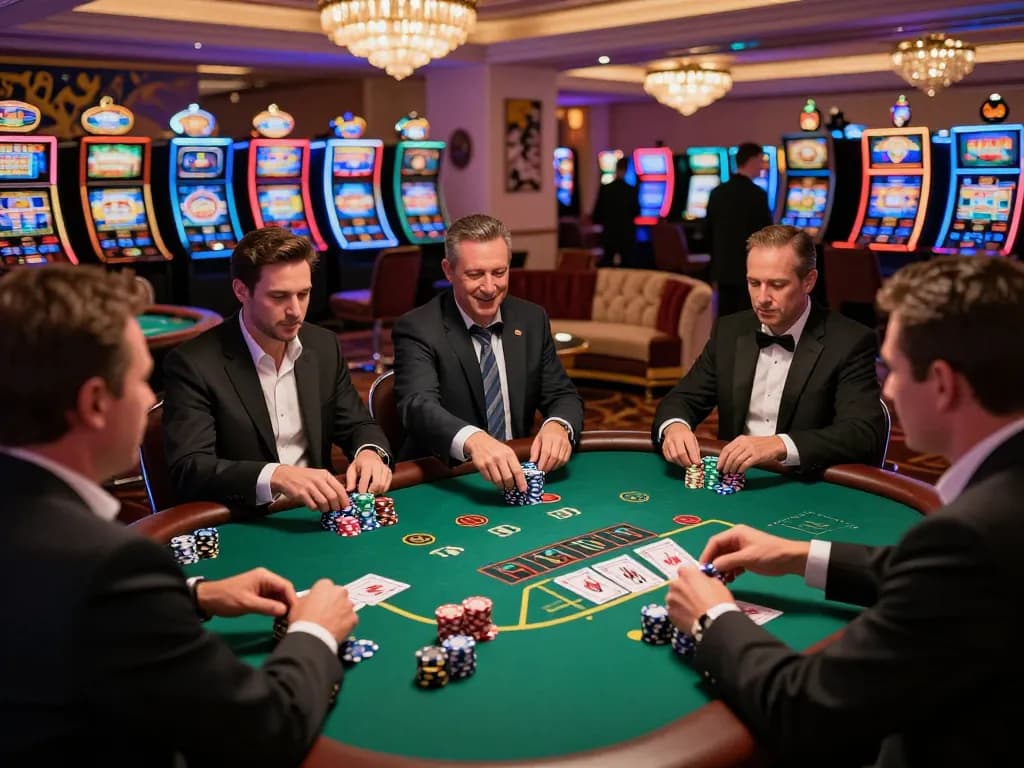 Excited players at a blackjack table winning with HM88 chips in a vibrant Vegas casino.