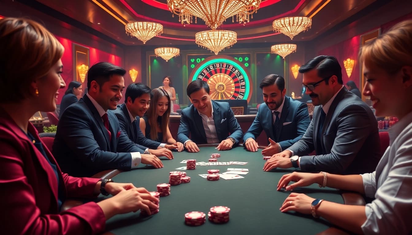 Experience the excitement of Cổng game Hitclub with luxurious poker tables and vivid casino elements.