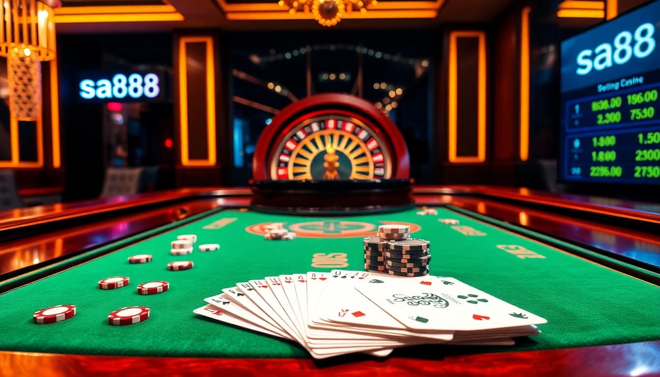 Exciting casino gaming scene with sa88 logo, vibrant poker chips, and roulette wheel ambiance.