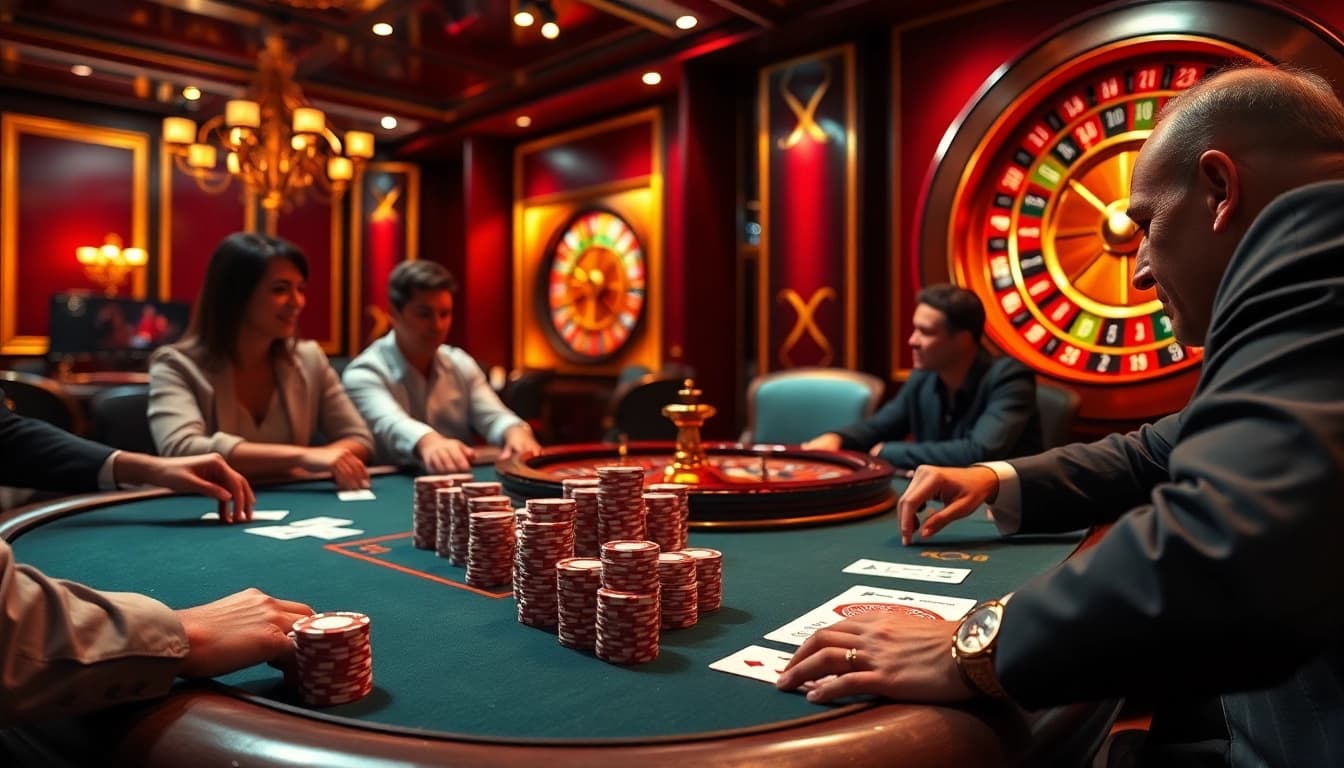 Players strategizing at a poker table with tg 88 poker chips and a roulette wheel in the background.