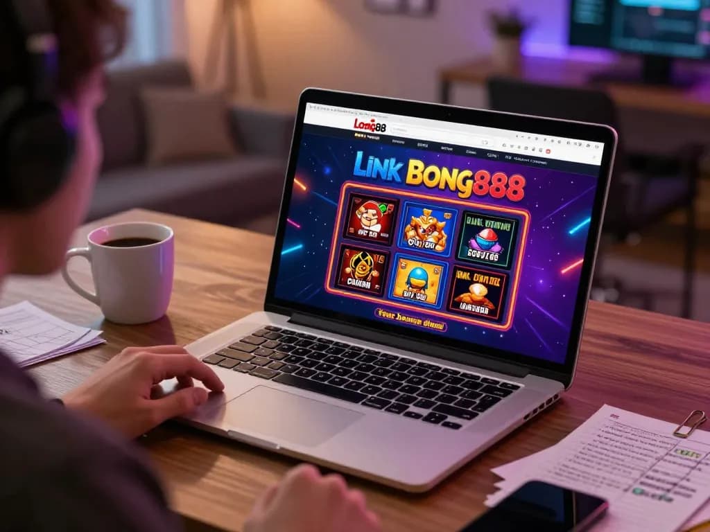 Engaging with Link Bong88 on a laptop for an exciting online casino experience at home.
