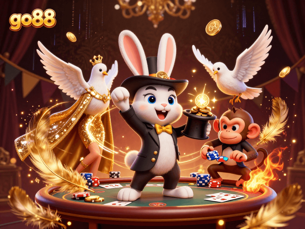 Experience go88 action with a magician rabbit, dove, and monkey amidst vibrant casino elements.