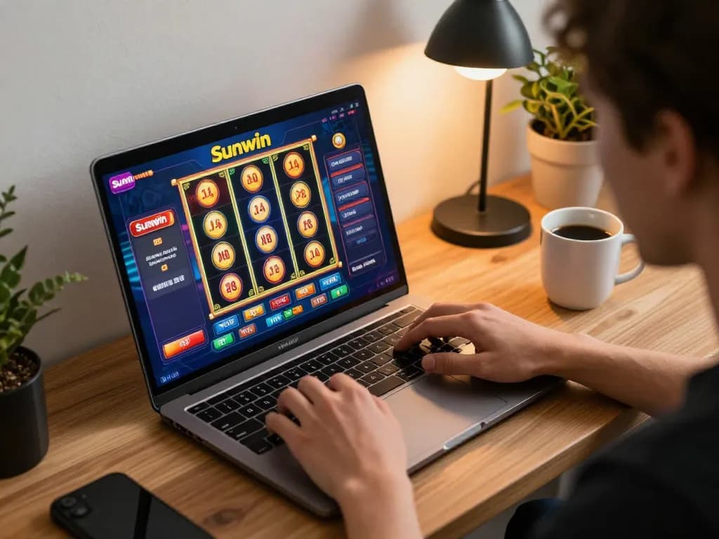 Engaged player enjoying Sunwin casino games in a cozy home workspace setting