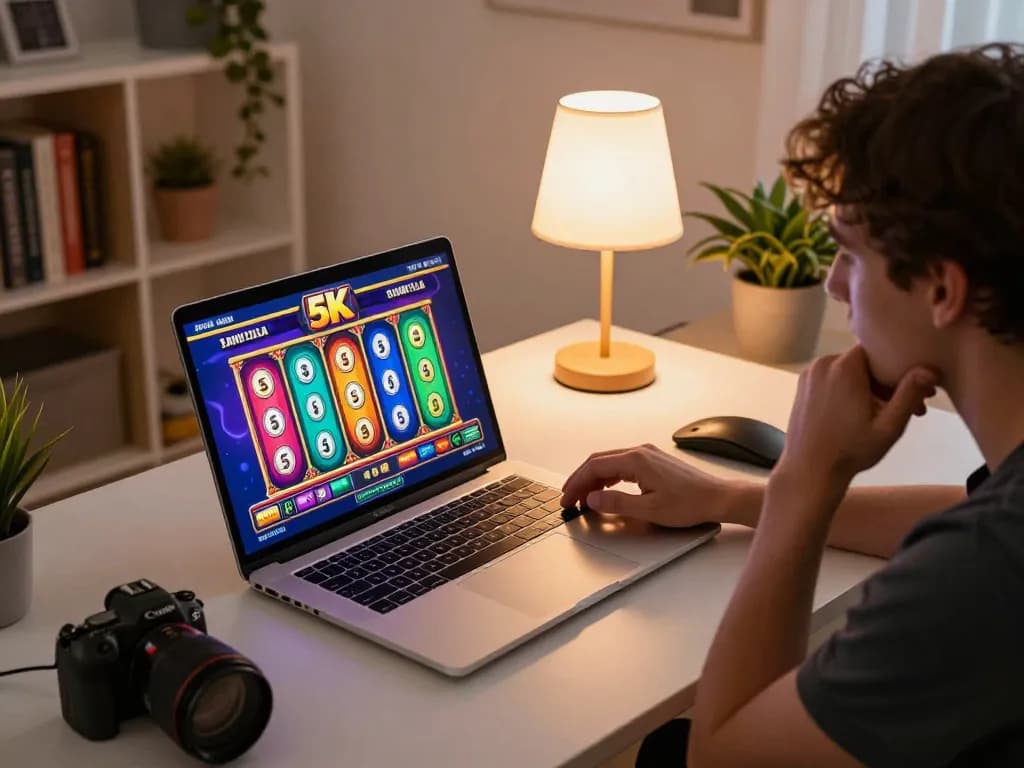 Engaging with slot 5k game on a laptop, showcasing exciting online casino experience
