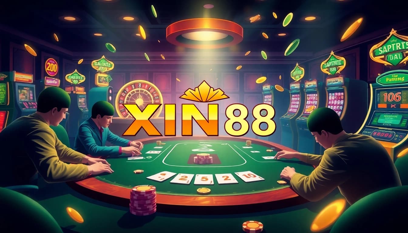 Players enjoying high-stakes poker at Nhà Cái XIN88 with luxurious casino elements.