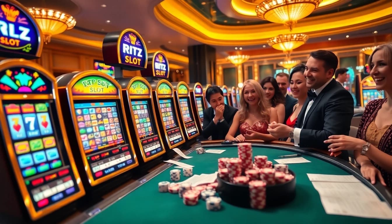 Gamblers enjoying RTP Slot machines in a vibrant casino atmosphere.