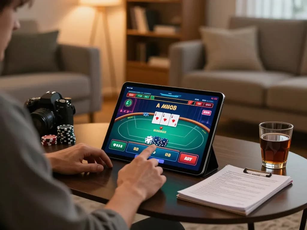 Playing poker on a tablet at home with amigogrillandco, highlighting strategic online gambling.