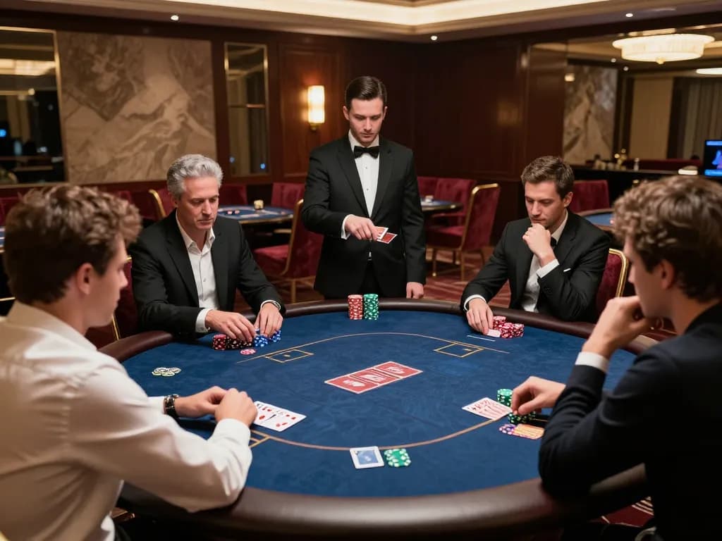 Players at a high-stakes poker game at 8xbet with intense concentration and stylish decor.