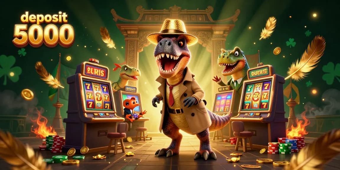 Spin and win at deposit 5000 slots with a cartoon velociraptor and friends in action.