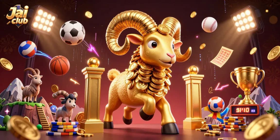 Engage with Jai club's exciting games featuring a golden ram charging at a vibrant casino gate.