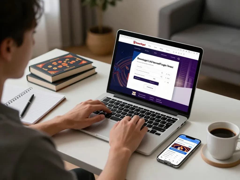 Dewatogel Link Alternatif Login Terbaru showing user accessing online betting platform in a sleek home office.