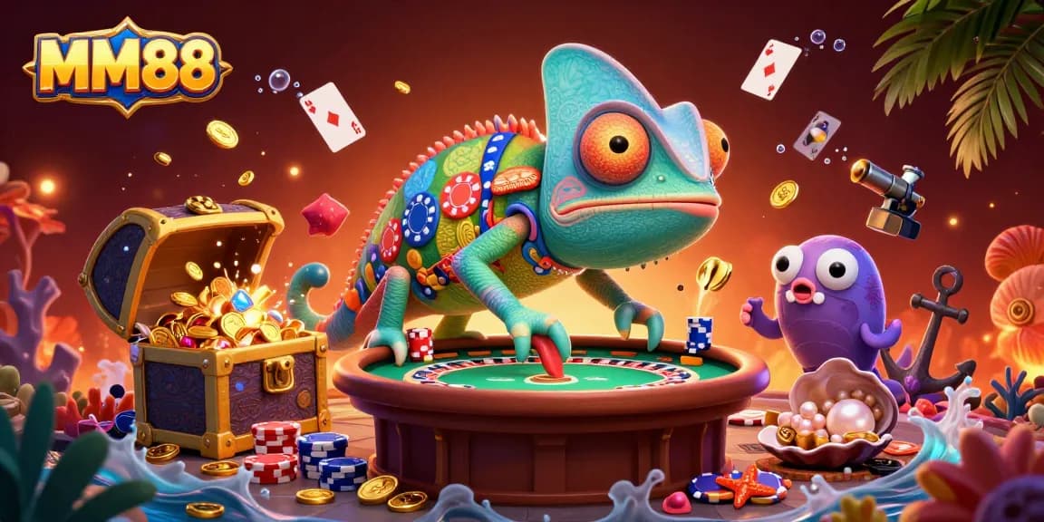 Engage in thrilling gameplay at MM88 with a vibrant casino scene and a colorful chameleon character.
