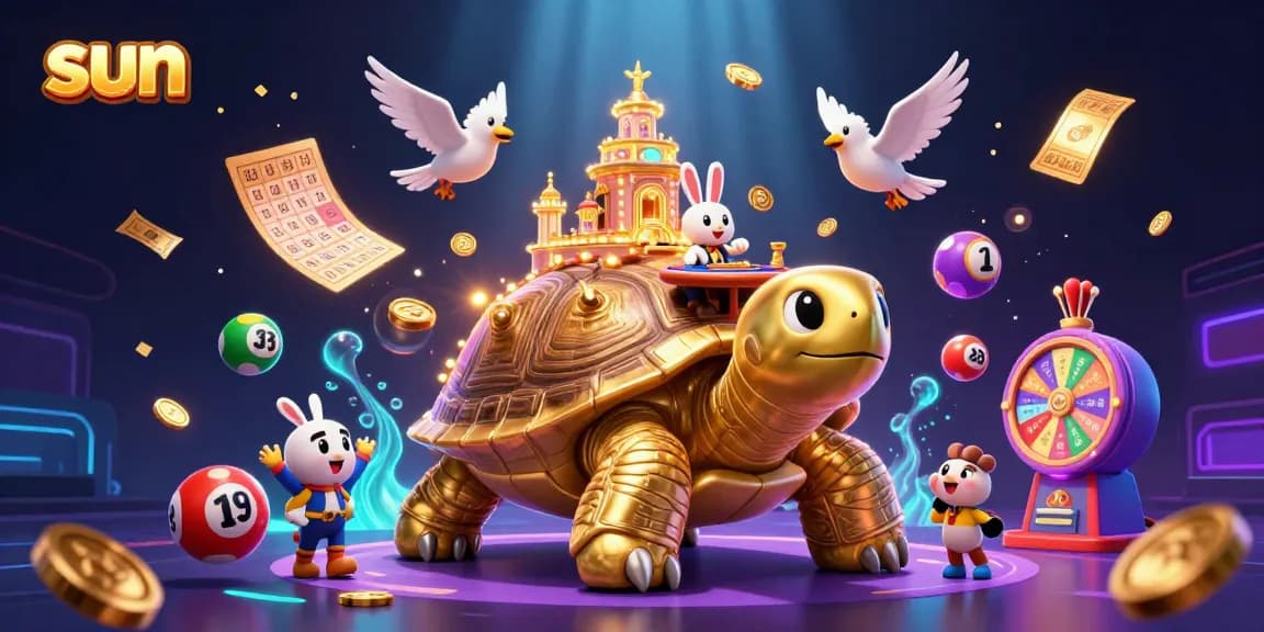 Join the excitement at sun casino with a whimsical tortoise palace and vibrant lottery elements.