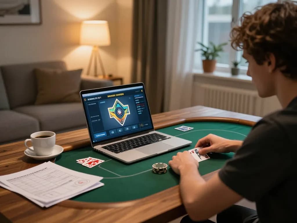 KADAL778 player engaged in strategic poker game at home with laptop and notes
