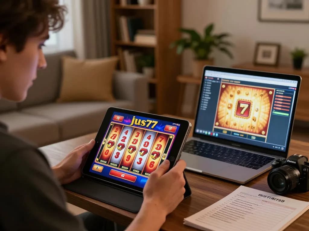 Engaging in intense gameplay on jus77 slots at home, highlighting a tablet with vibrant slot reels.