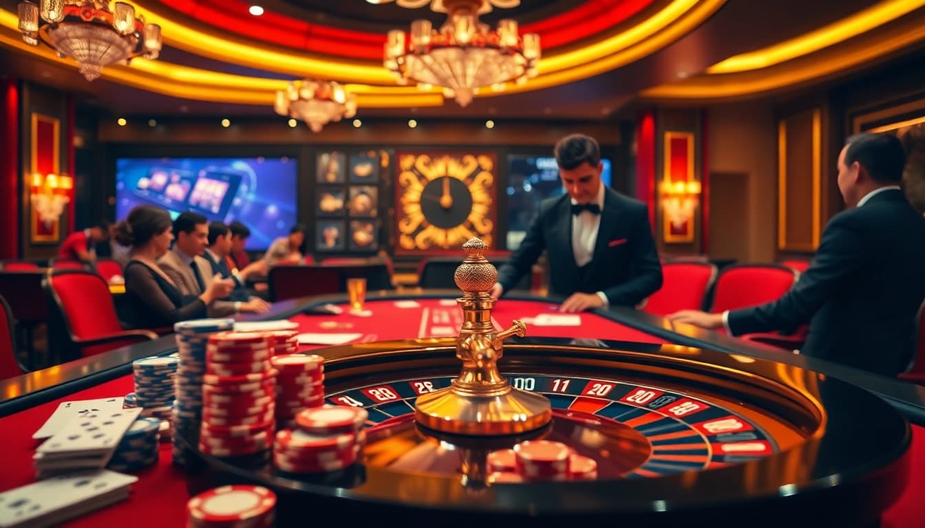 Lô Đề Trực Tuyến at a high-stakes casino table with poker chips and illuminated roulette wheel.