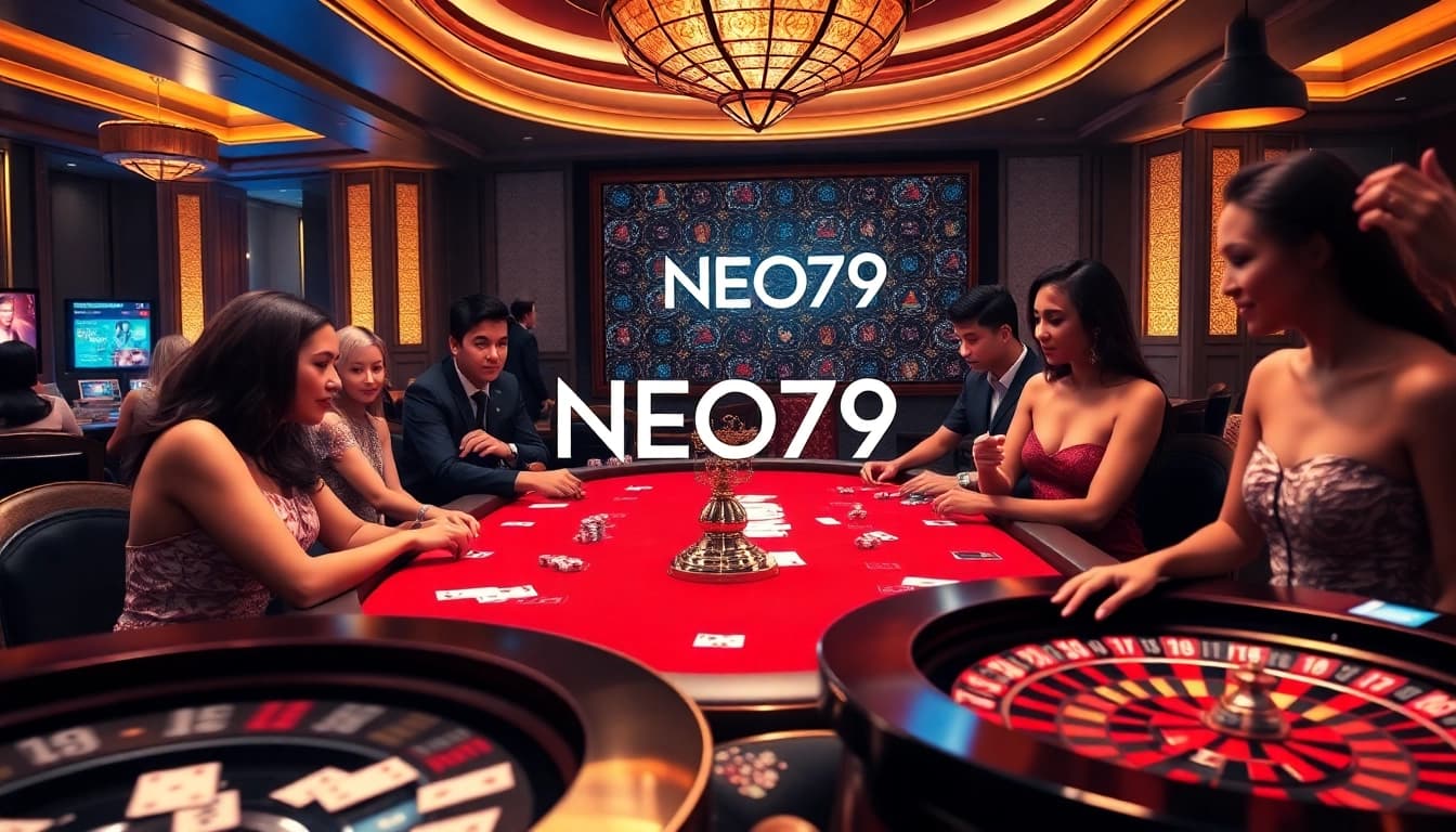 Players enjoying a thrilling game at NEO79 casino, showcasing poker chips, cards, and roulette.