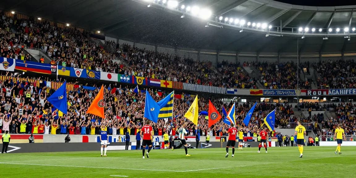 شاهد المباريات هنا - Excited fans in stadium cheering for live football match, vibrant colors, and high energy atmosphere.