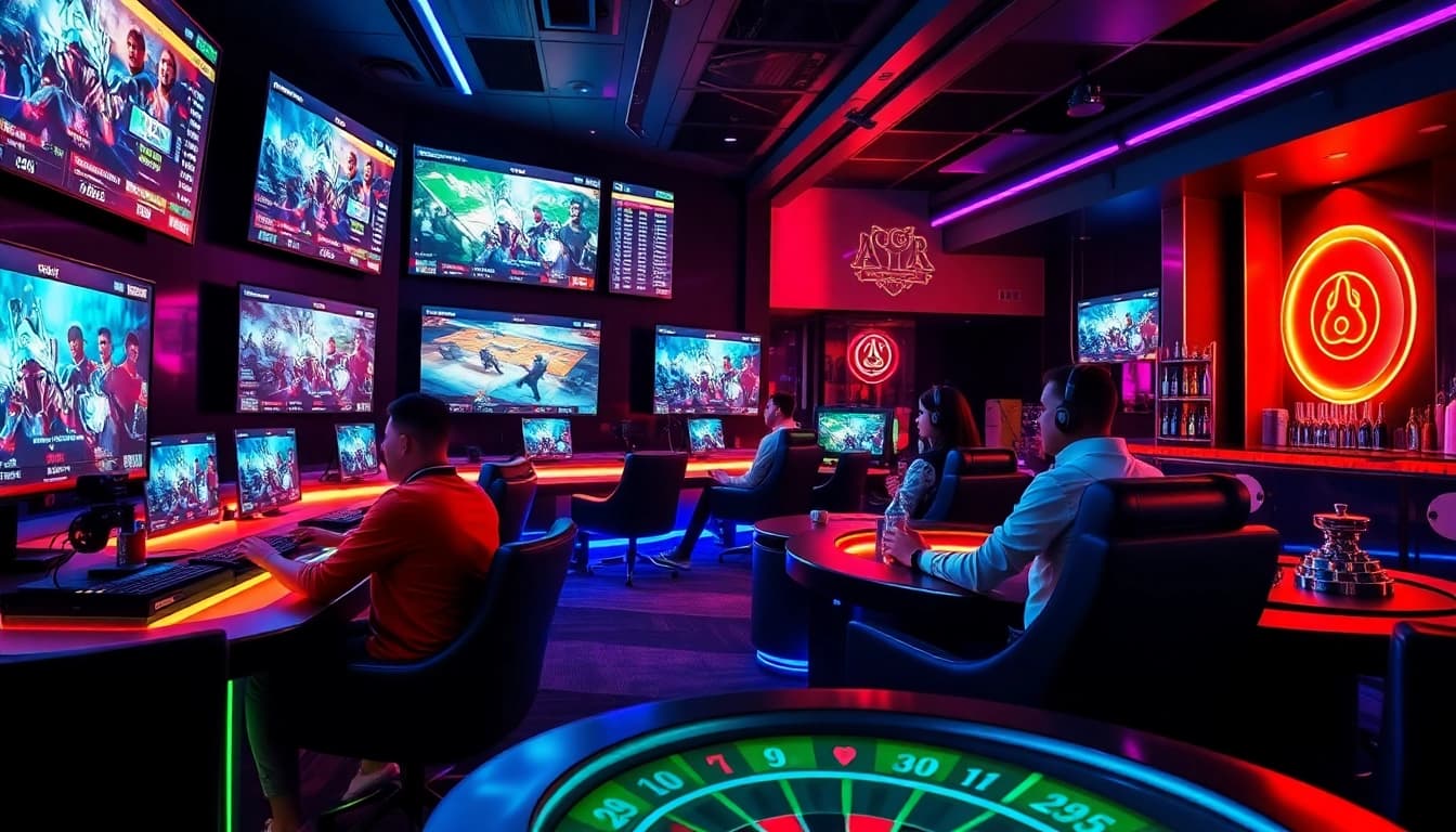 ESports Betting scene with players, screens showing match odds, and neon lights in a modern gaming lounge.