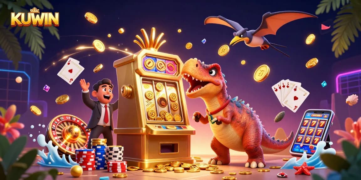 KUWIN's jackpot frenzy with a dinosaur activating a slot machine amid cascading coins and excited characters.