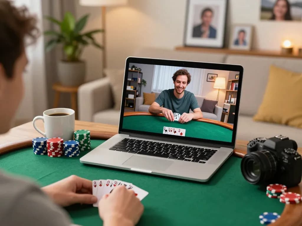 Person using SC88 interface for online poker gaming, showcasing cards and chips in a cozy living room.
