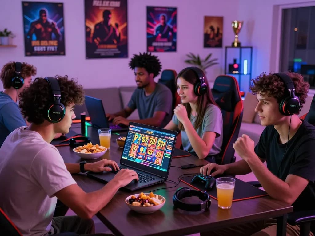 Players enjoying SLOT 777 in a vibrant gaming setup with snacks and colorful lights.