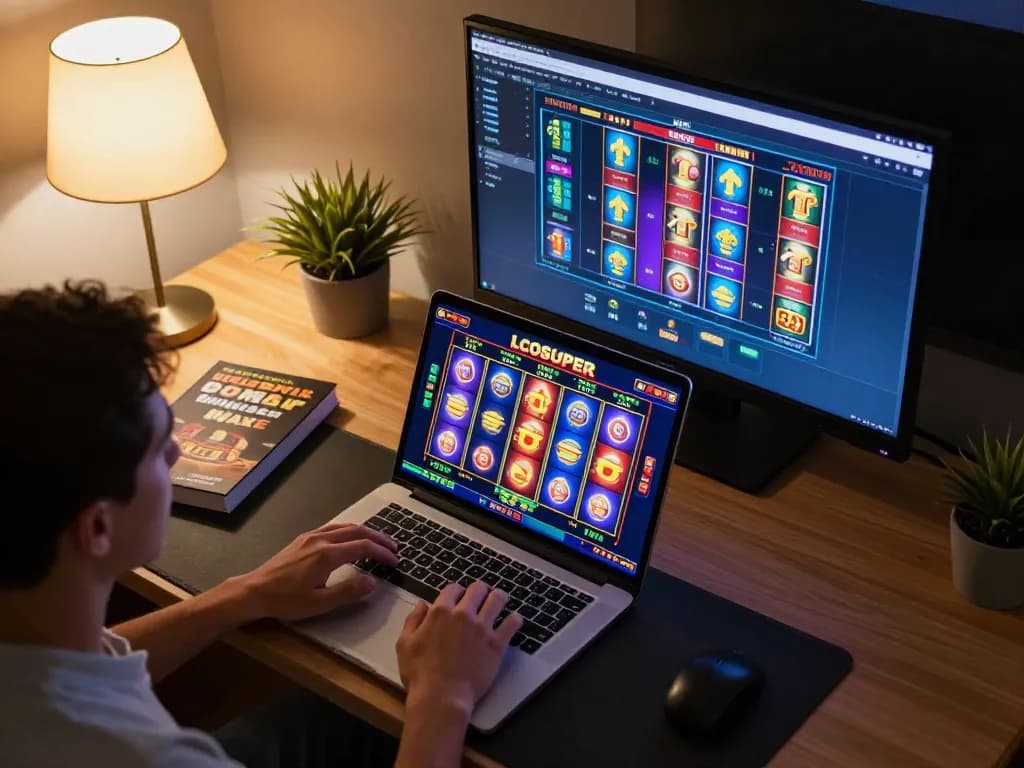 Engaging in LGOSUPER slot gaming on a laptop in a cozy home environment.