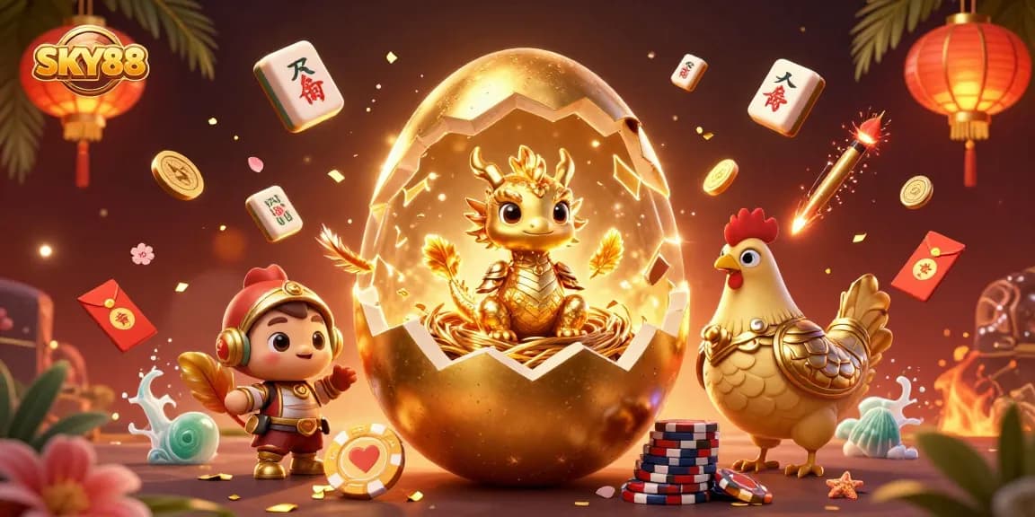 Experience the vibrant world of SKY88 with a stunning golden dragon and poker chips illustration.