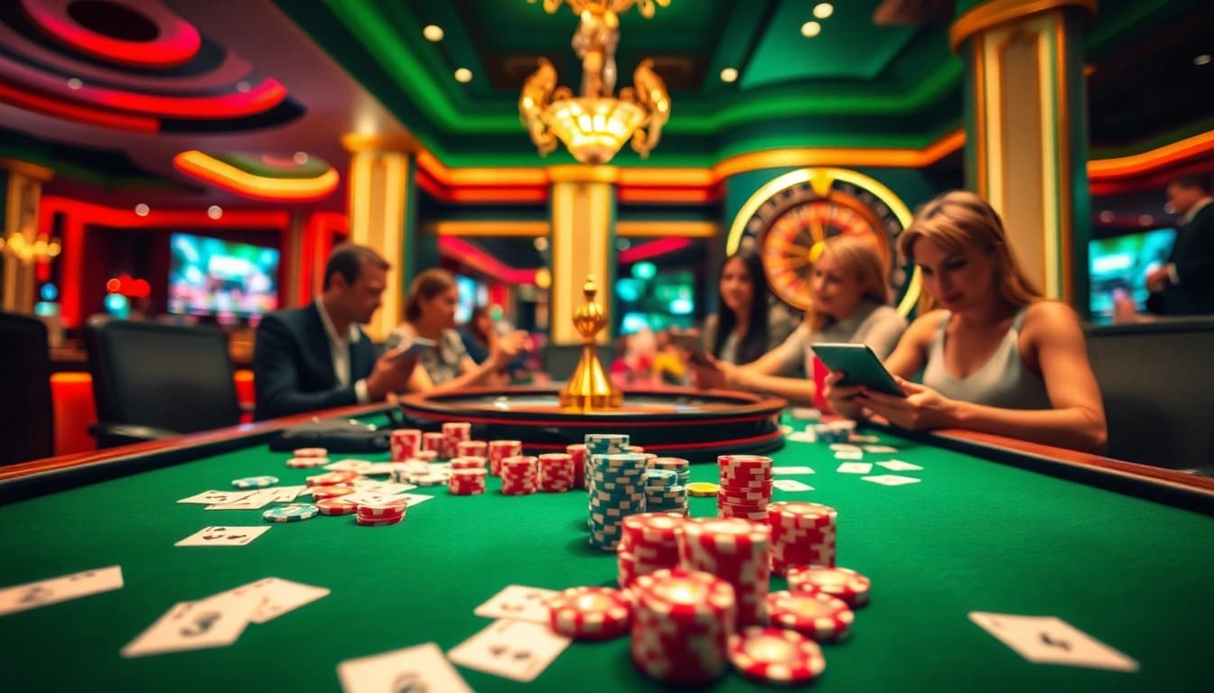 An exciting scene showcasing casino tables and online gambling interfaces related to https://hitclub9.us.com/ for immersive gaming experiences.