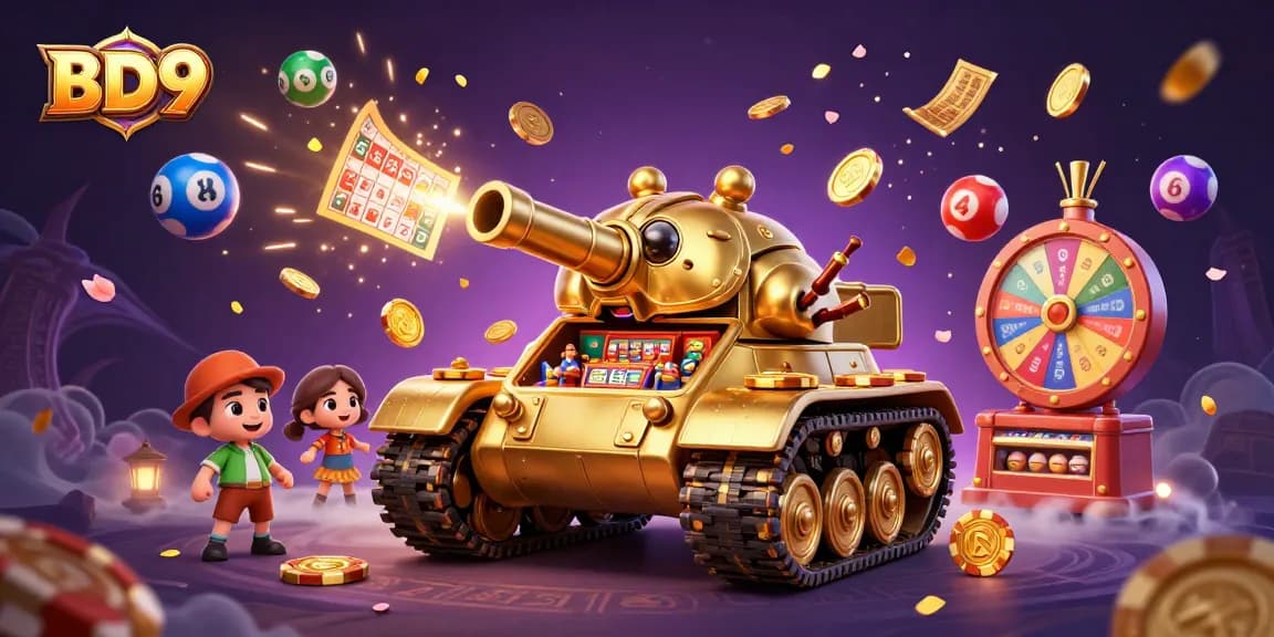 Engage with BD9's vibrant gambling world featuring a golden beetle tank casino and colorful lottery elements.