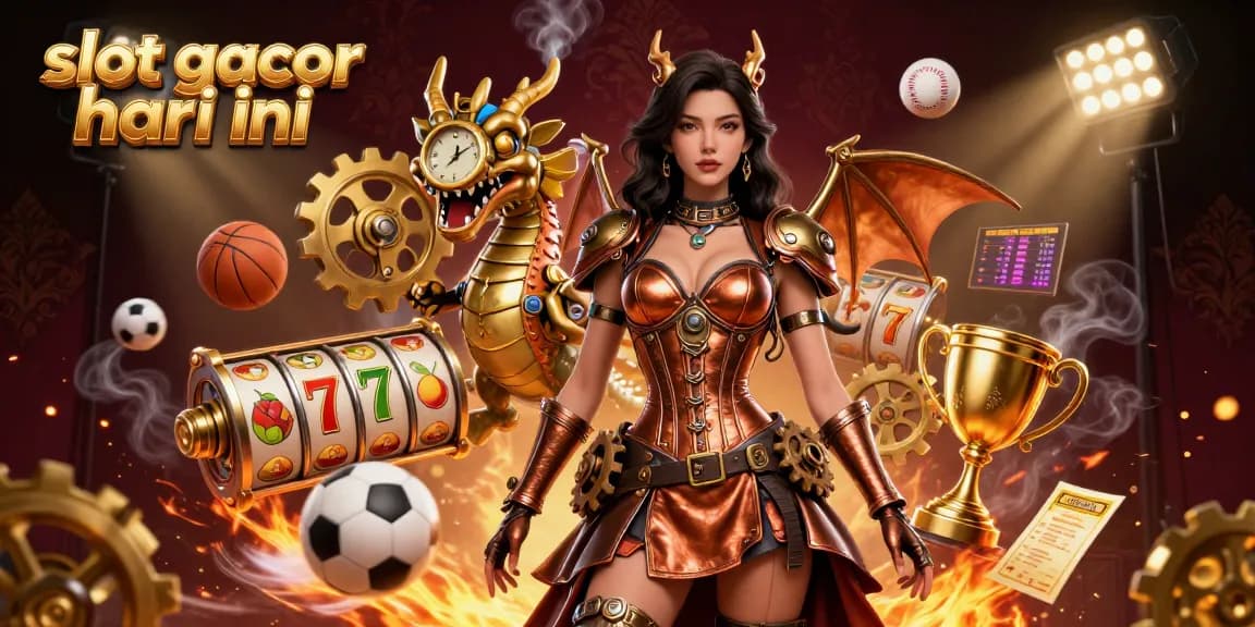A stunning illustration of a 3D woman and clockwork dragon amidst vibrant slot gacor hari ini symbols, showcasing dynamic gameplay elements.