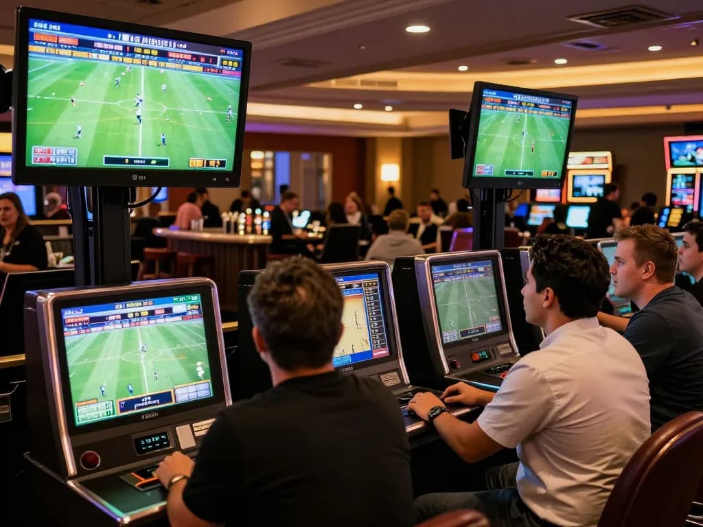 Fans excitedly placing bets on kèo nhà cái 5 in a lively casino sports betting area.