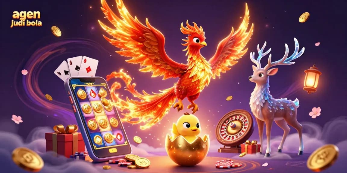 Experience thrilling agen judi bola with a vibrant phoenix, casino elements, and dynamic game action.