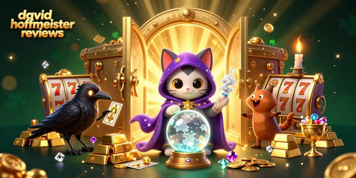 Engaging illustration of casino themes highlighting david hoffmeister reviews with magical elements and vibrant graphics.